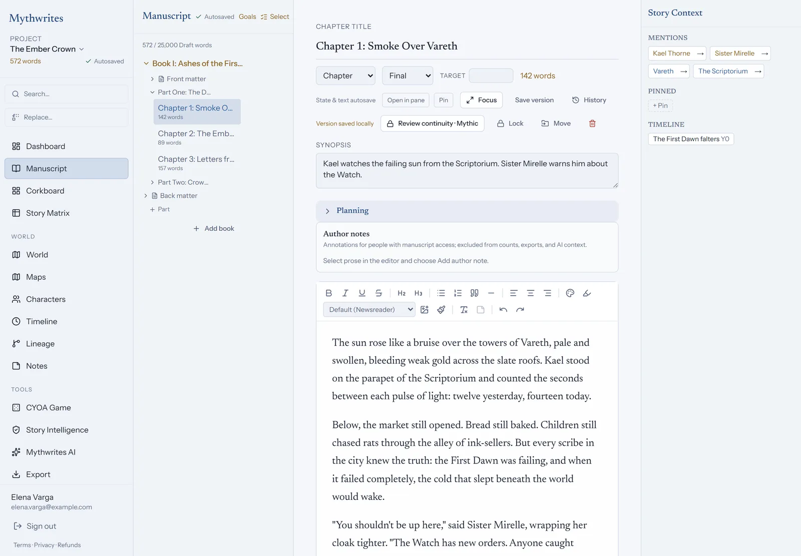 Mythwrites manuscript editor showing Chapter 1 of The Ember Crown open for writing, with book outline on the left and story context panel on the right.